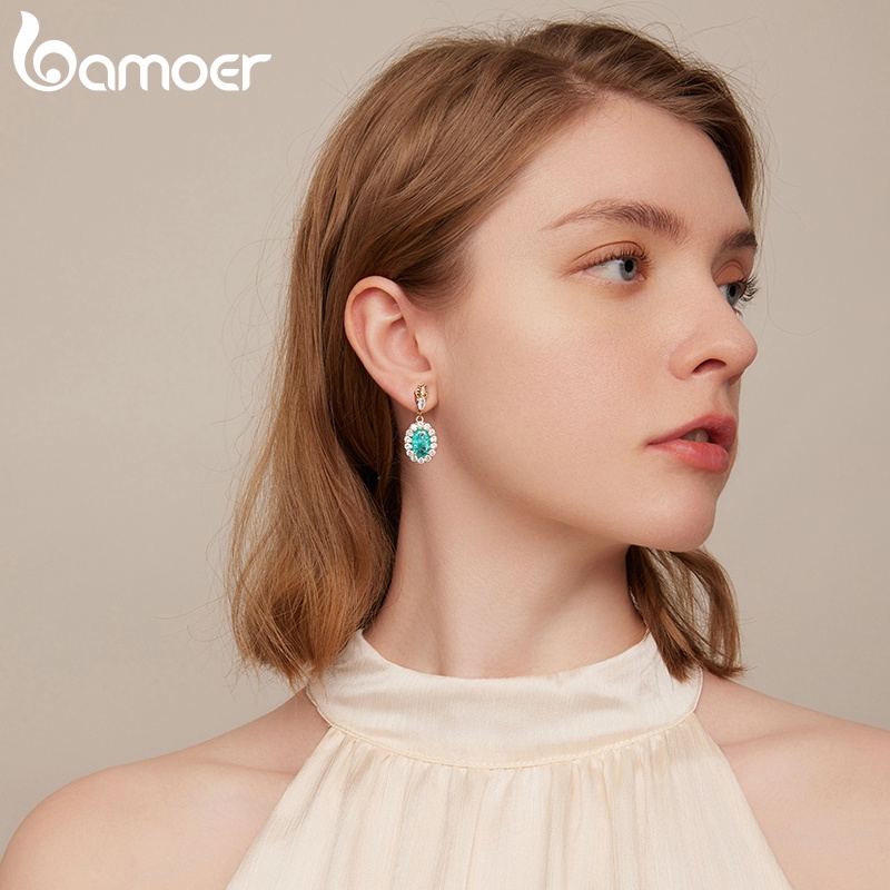 BAMOER Bông Tai ĐíNh Đá MàU Xanh Lá Sang TrọNg