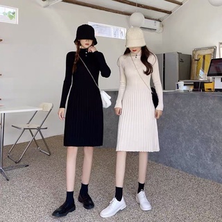 Váy len xòe xếp ly cổ cao 3 cúc Style Hàn Quốc, Đầm len dệt kim hàng Quảng Châu