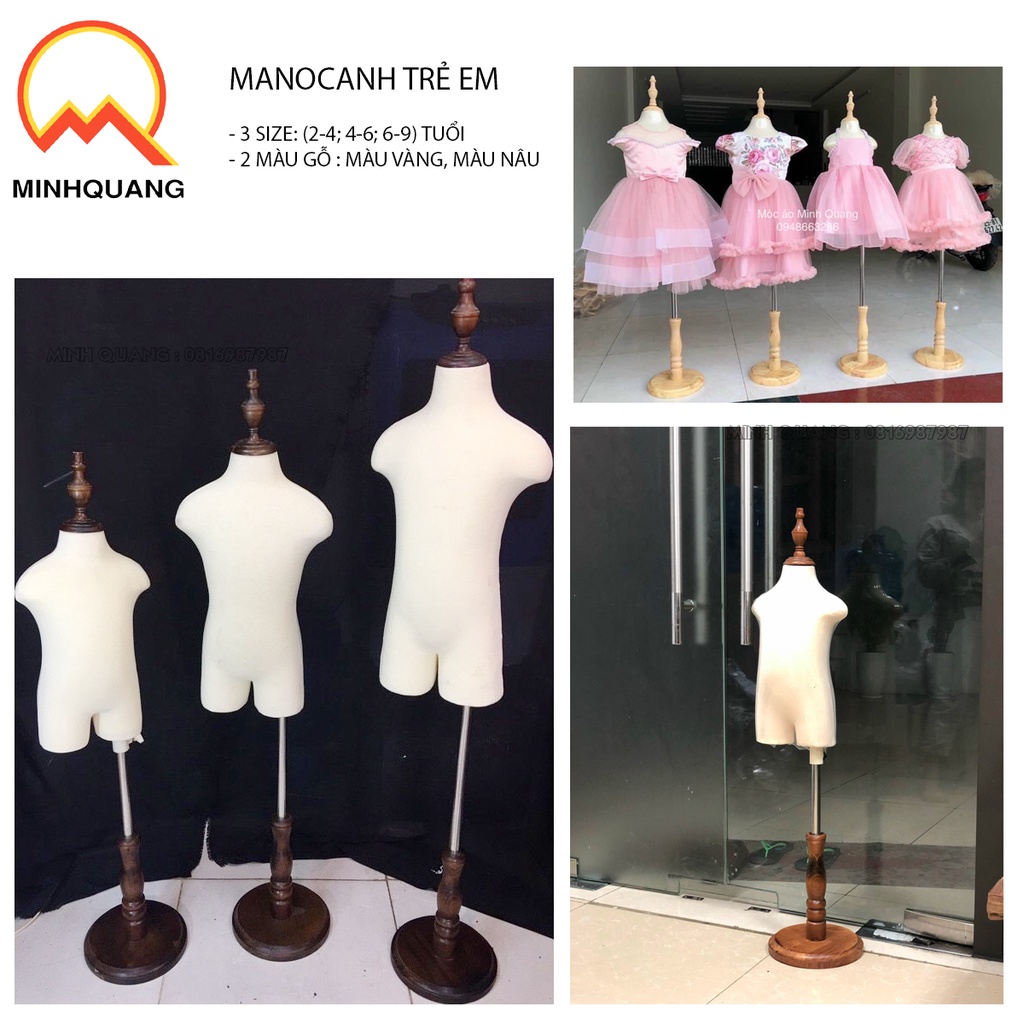 manocanh trẻ em đủ 3 size (2-4; 4-6; 6-9) tuổi thân nhựa bọc vãi, chân bằng gỗ tự nhiên đế tròn