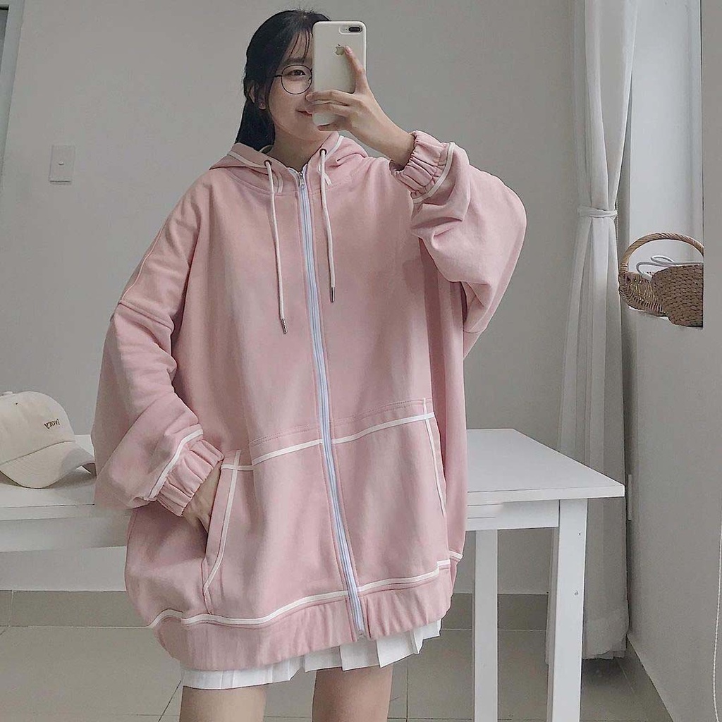 Áo khoác hoodie viền trắng tay bồng nữ Mee - Nỉ dáng rộng Unisex Ullzang cá tính