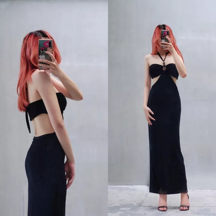 Đầm body dáng dài cổ yếm khoét eo hở lưng có mút ngực - Ảnh tự chụp