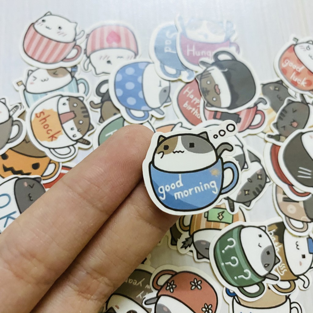 Sticker mèo cốc xinh xắn dán trang trí laptop, máy tính bỏ túi, vali, điện thoại, đàn ghita, hộp