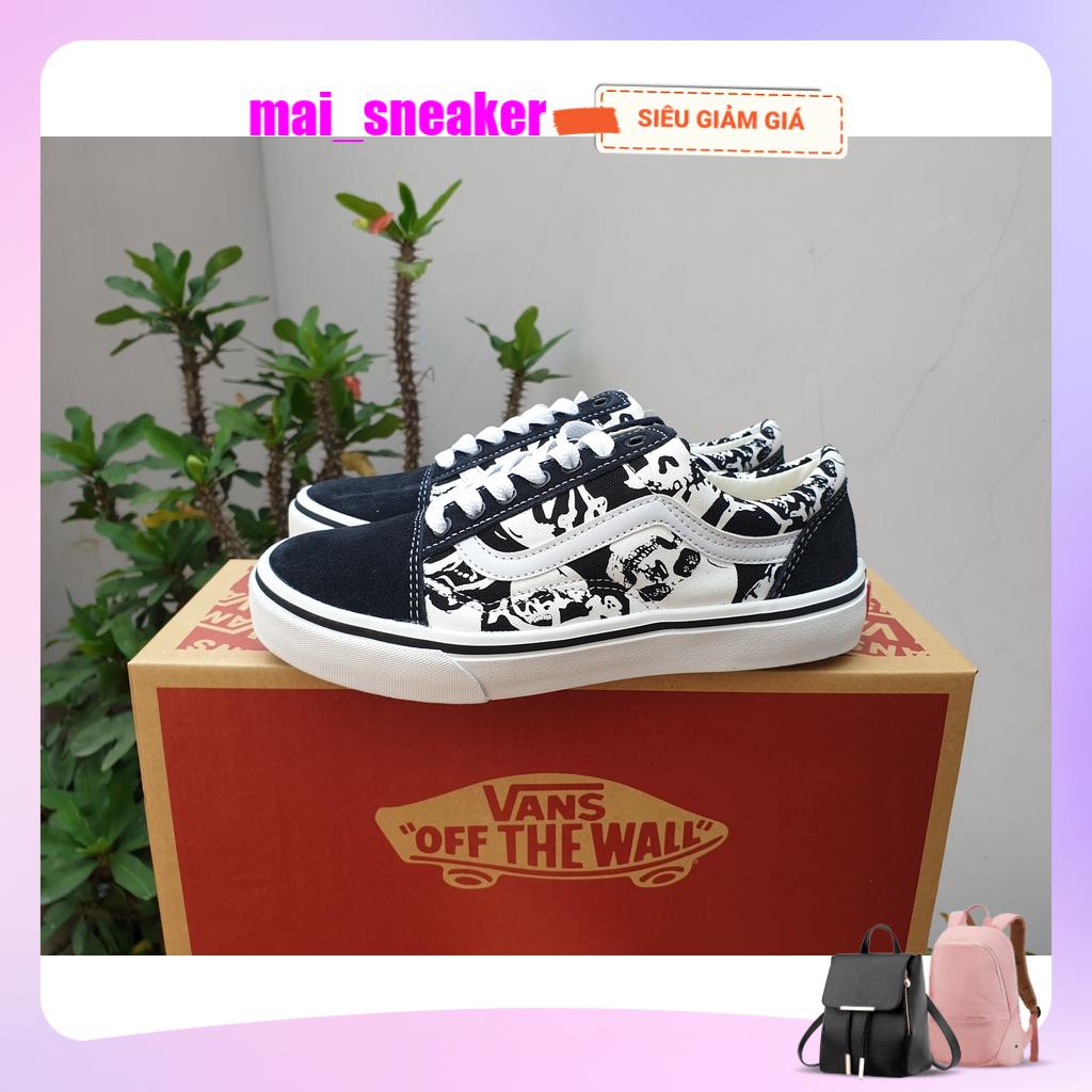 Giày sneakers VANS OLD SKOOL Cổ Thấp In Hình Đầu Lâu Màu Trắng Đen Cá Tính Cho Nam Và Nữ