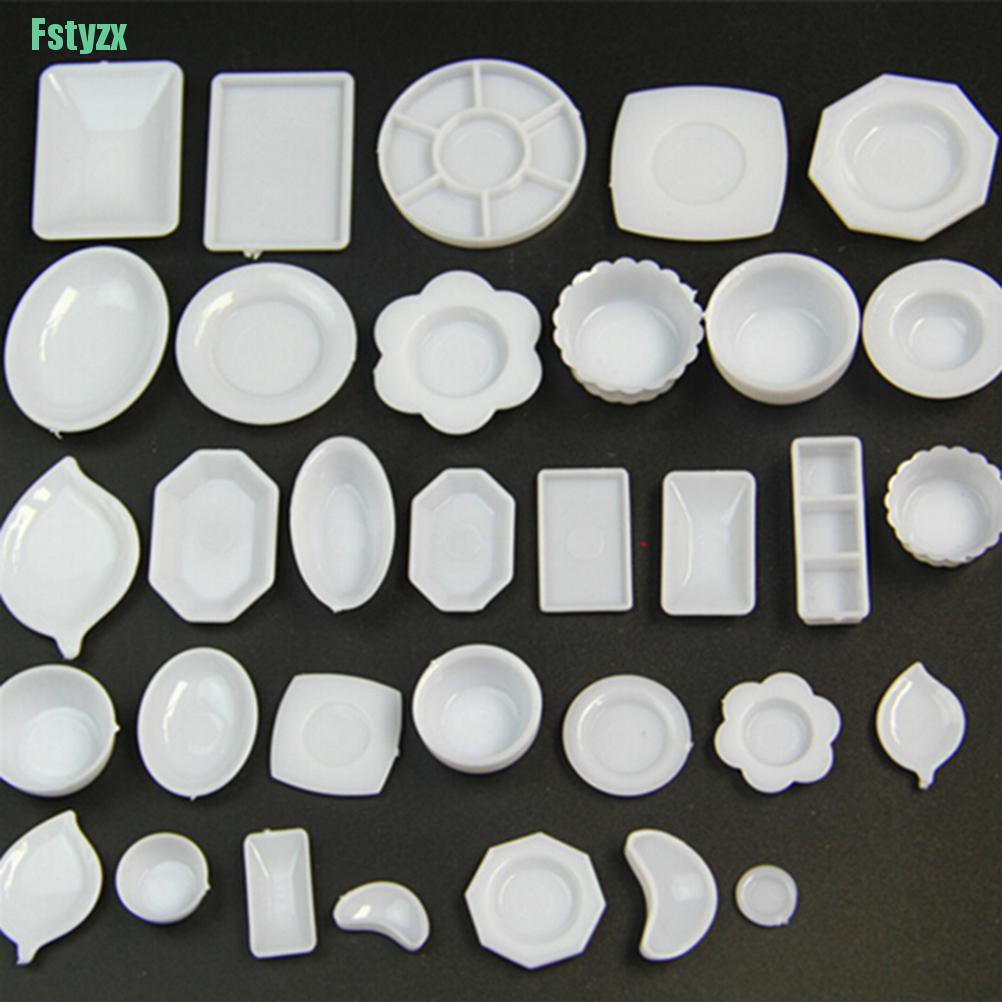 fstyzx 33 Pcs Dollhouse Miniature Tableware Plastic Plate Dishes Set Mini Food