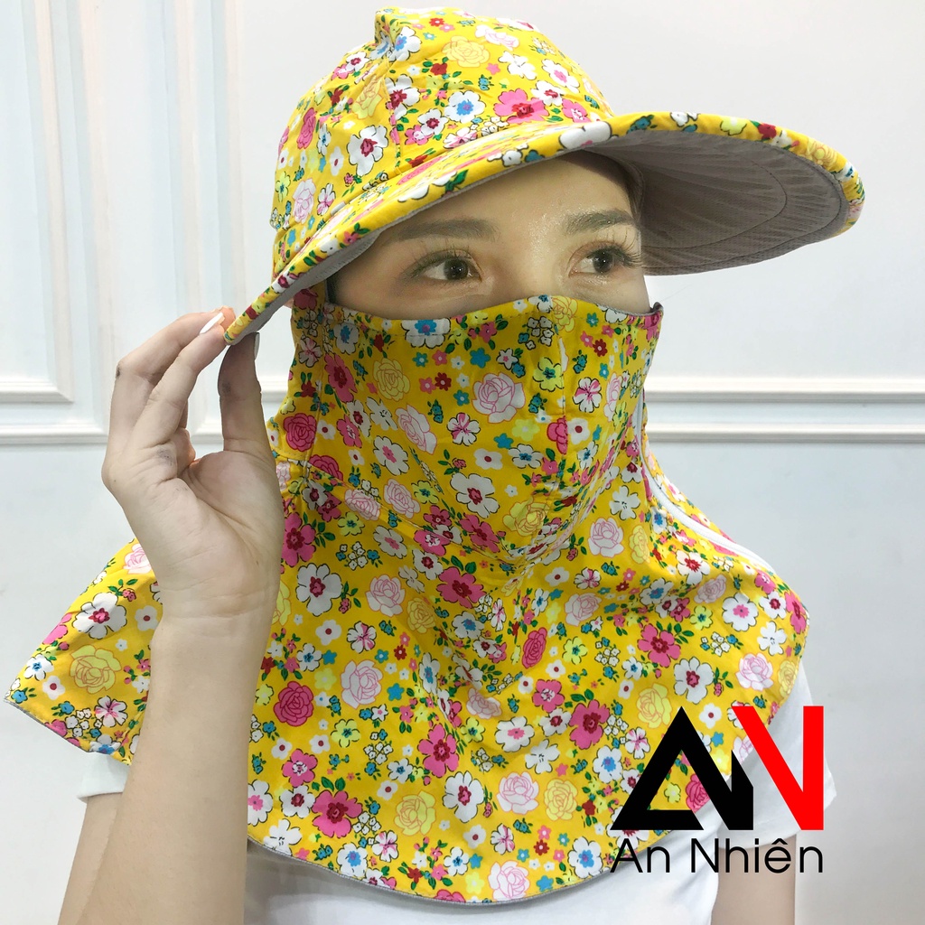 Nón mũ chống nắng vành rộng kèm khẩu trang vải cotton cố định bằng miếng dán