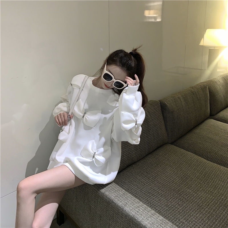 Áo hoidies đính nơ trắng