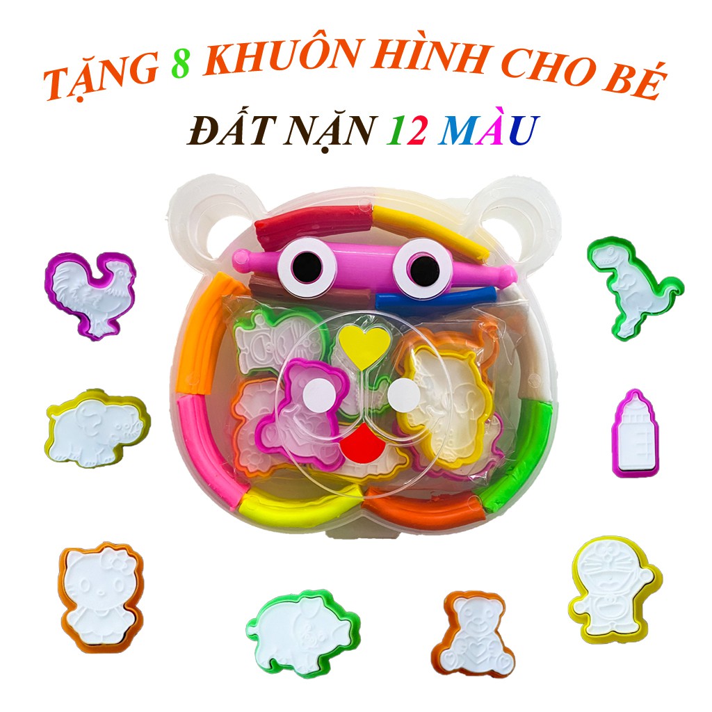 [Gấu thông minh] Đất nặn cho bé 12 màu Tặng 8 khuôn hình