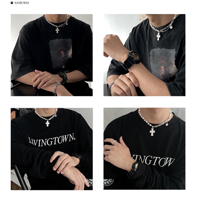 Vòng cổ Chuỗi Ngọc Trai Mặt Thánh Giá Sang Trọng Phong Cách hip hop