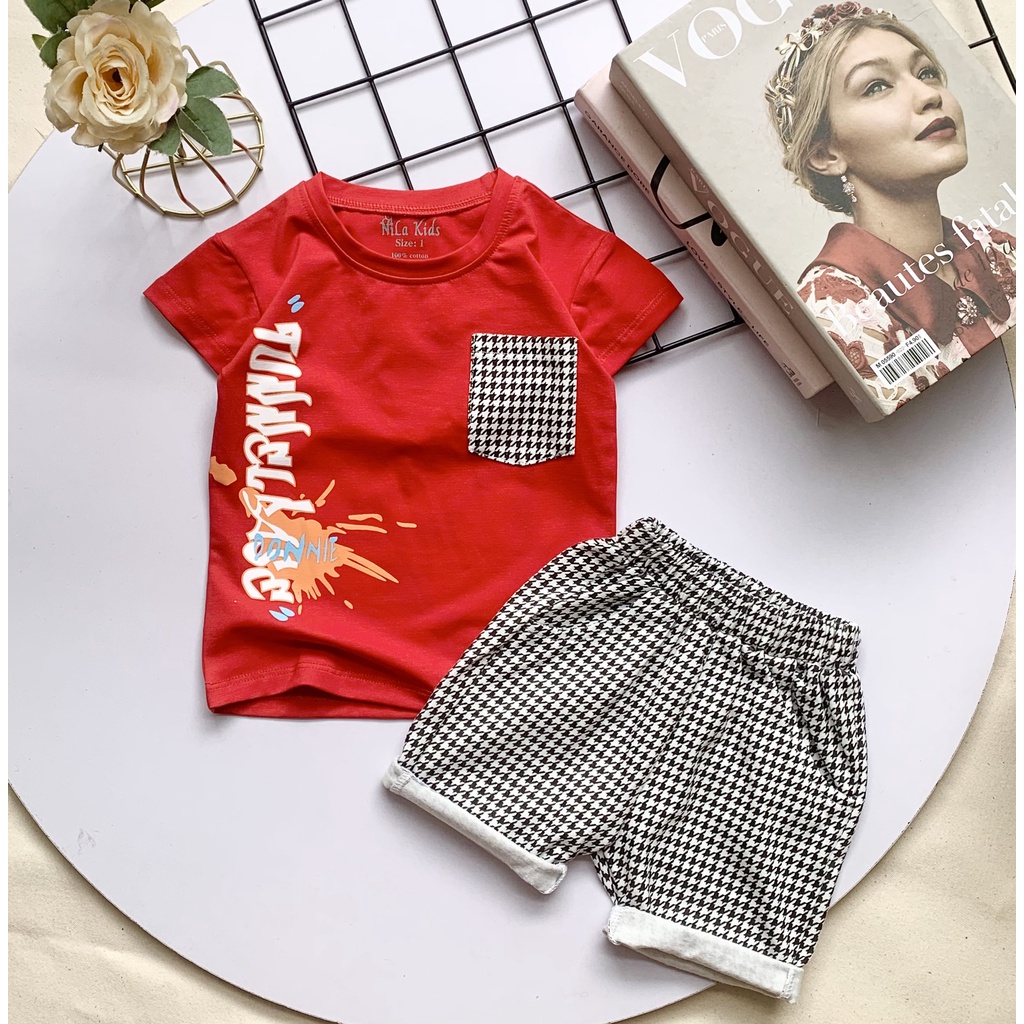 Set đồ bộ bé trai Áo thun cotton 100% co giản 4 chiều quần lửng thun cotton họa tiết caro cho bé 8-36kg