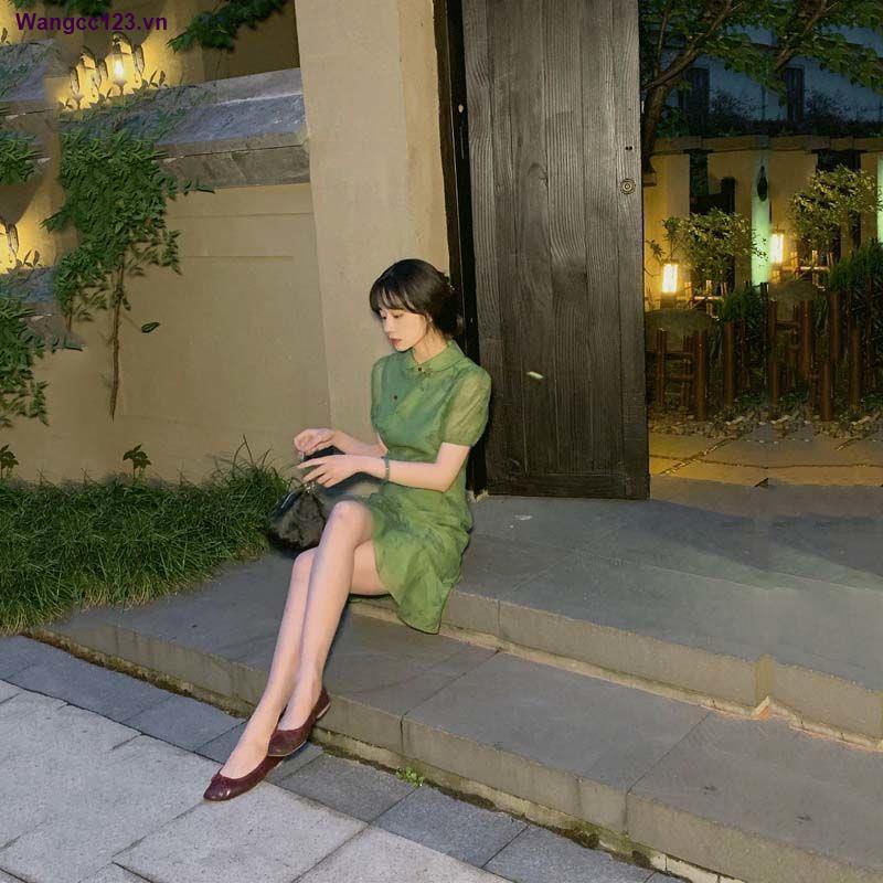 Sườn xám cách tân dáng dài/ ngắn/ ngắn họa tiết lá cây xanh cổ điển thời trang mùa hè cho nữ