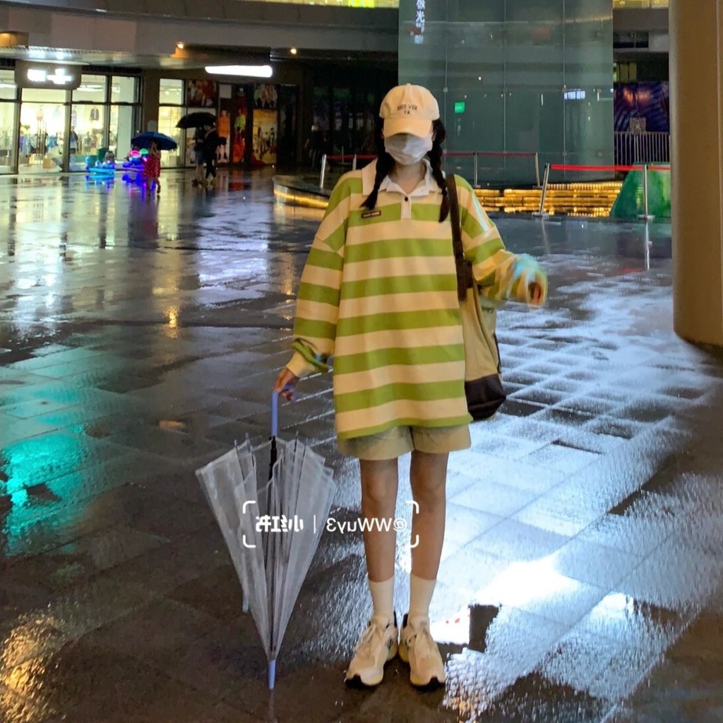 Áo thun tay dài dáng rộng họa tiết sọc ngang thời trang dành cho nữ