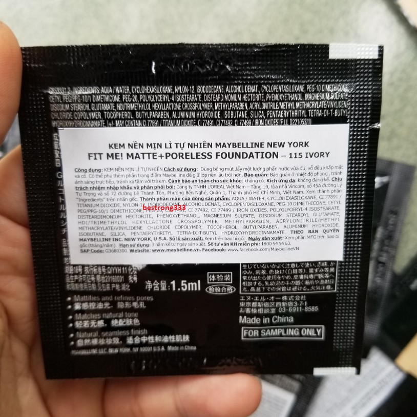 [MẪU THỬ] Kem Nền Mịn Nhẹ Kiềm Dầu Fit Me Maybelline New York Matte Poreless Foundation 1.5ml | BigBuy360 - bigbuy360.vn