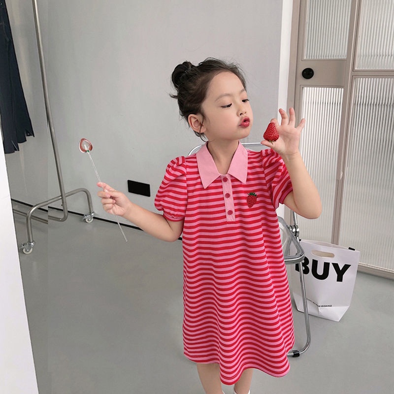 Đầm Thun Ngắn Tay Dáng Rộng Họa Tiết Kẻ Sọc Xinh Xắn Cho Bé Gái