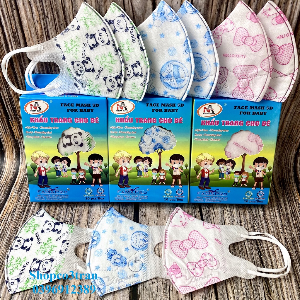 Khẩu trang cho bé FAMAPRO 5D KIDS IN HÌNH DỄ THƯƠNG Đoremon / Kitty / Gấu Trúc / Kì Lân / Vịt Donald hộp 10 cái