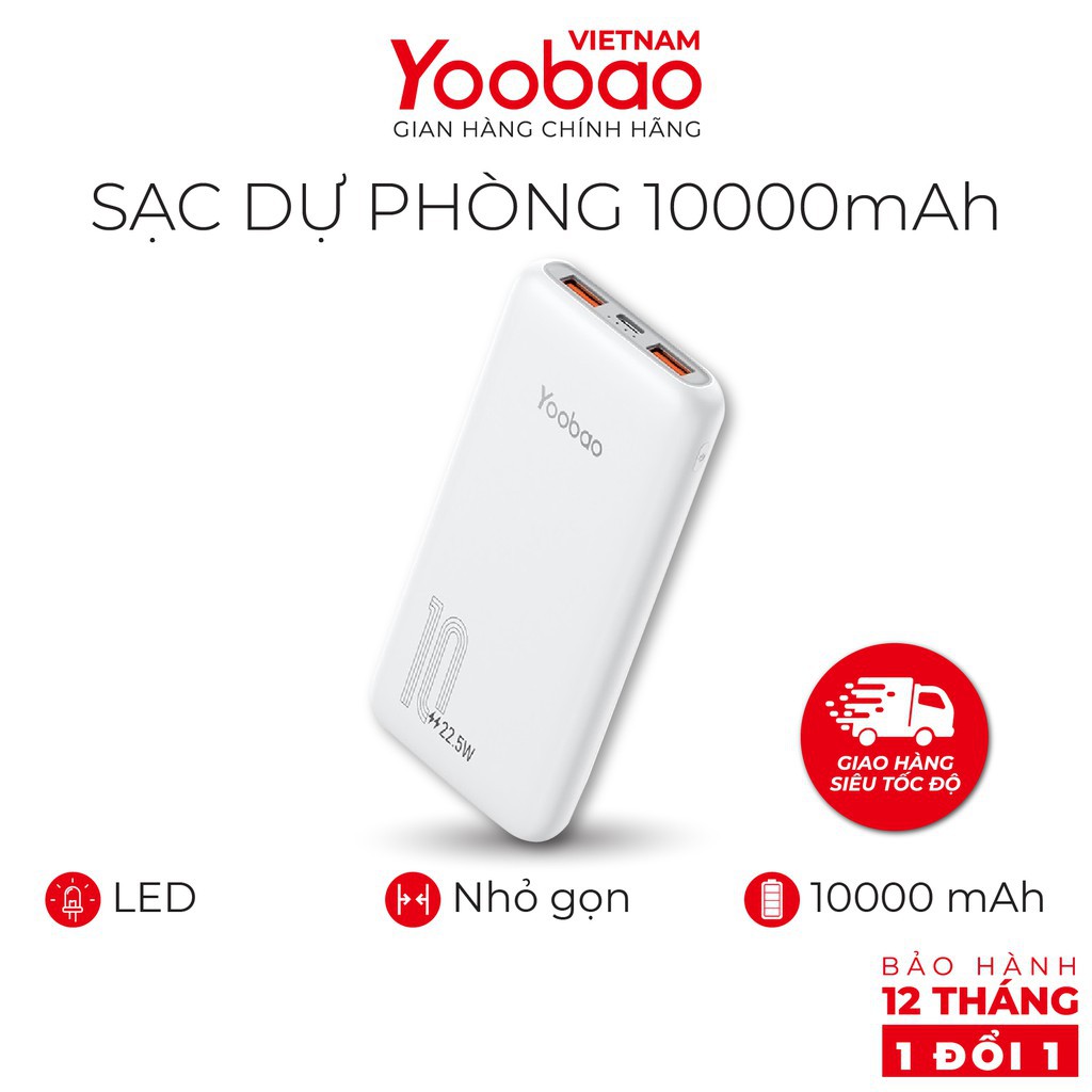 Sạc dự phòng 10000mAh Yoobao D10Q 2 cổng USB - Hỗ trợ sạc nhanh - Hàng chính hãng - Bảo hành 6 tháng 1 đổi 1