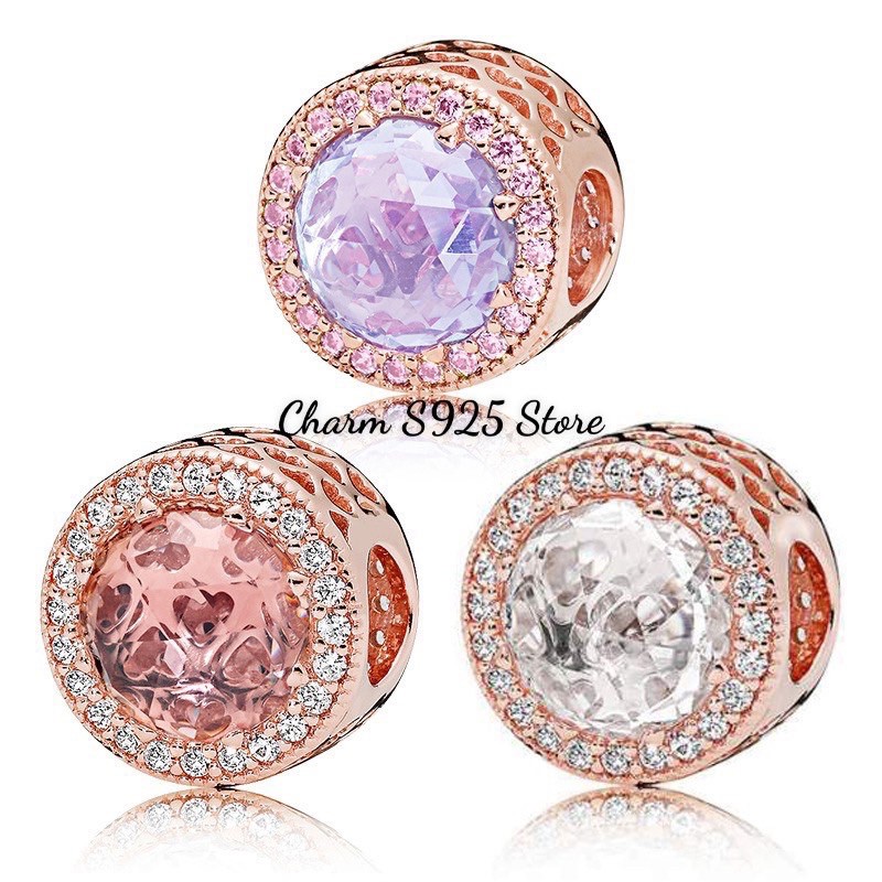 charm pan đá mắt mèo 3 màu đính đá viền trắng hồng sang trọng bạc s925 cao cấp