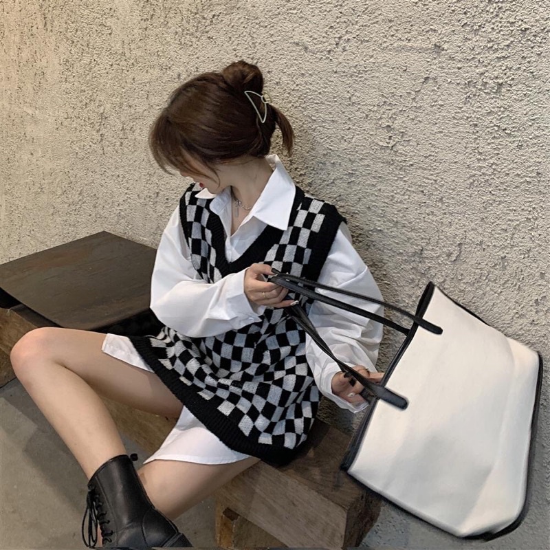 [CÓ SẴN] FORM TO áo len gi lê cổ tim hoạ tiết kẻ bàn cờ đối xứng | BigBuy360 - bigbuy360.vn