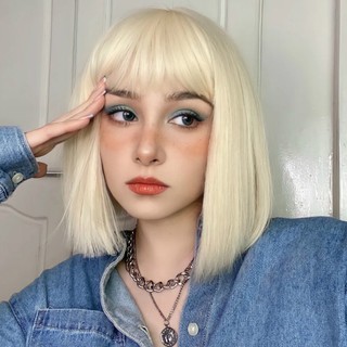 BOBO Bộ Tóc Giả Ngắn Mái Ngang Nhuộm Vàng Thời Trang Cho Nữ