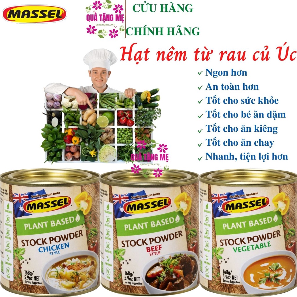 Hạt nêm vị rau củ Massel Premium Stock Powder Vegetable/ Chicken/Beef không bột ngọt an toàn cho gia đình 168g quatangme