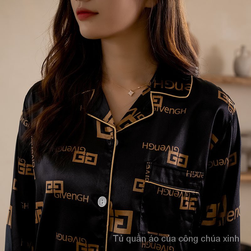 Bộ đồ ngủ tay dài vải lụa mỏng màu đen thời trang sang trọng cho cặp đôi