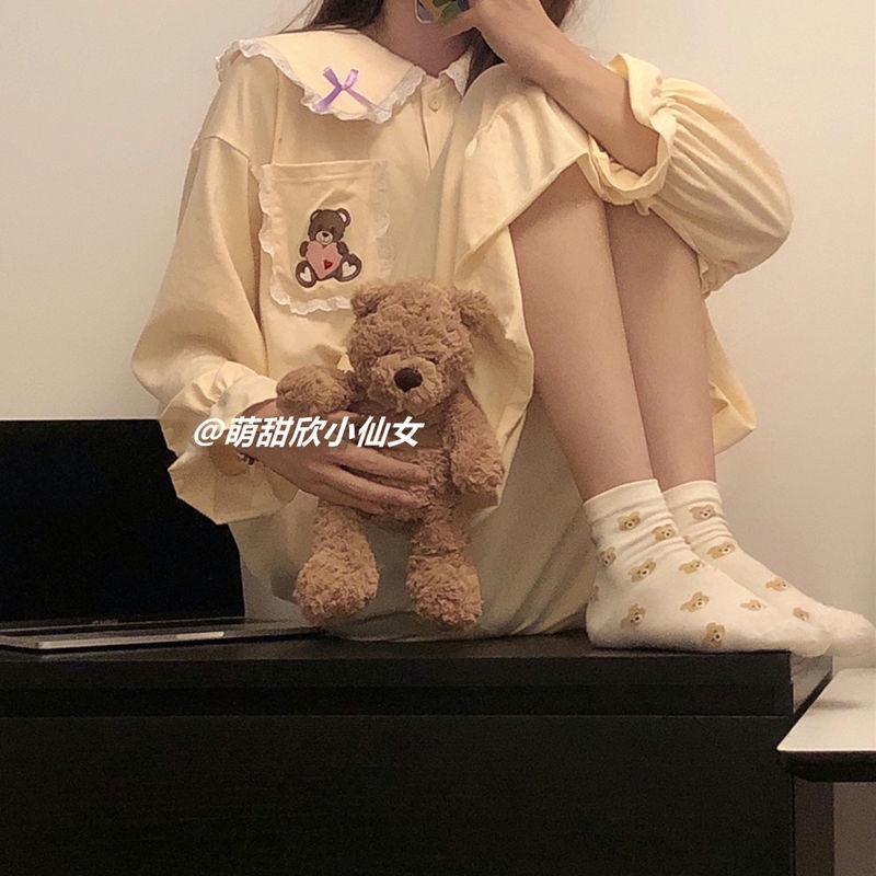 Bộ Đồ Ngủ Tay Dài In Hình Gấu Hoạt Hình Dễ Thương Phong Cách Hàn Quốc Thời Trang Mùa Thu Cho Nữ