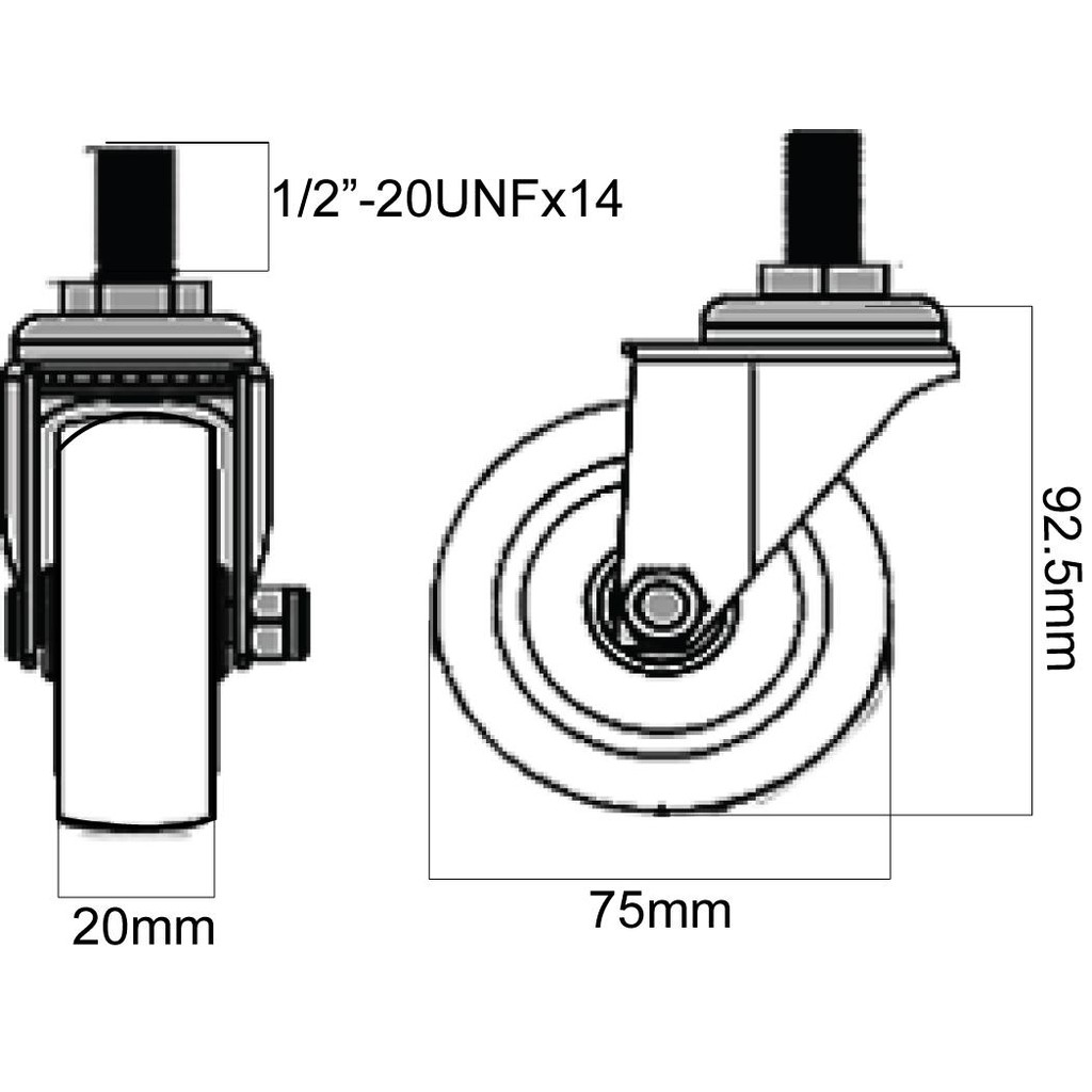 Bánh xe đẩy PU tải nhẹ cọc vít xoay 360 độ - 50-65-75mm - Happy Move Thái Lan