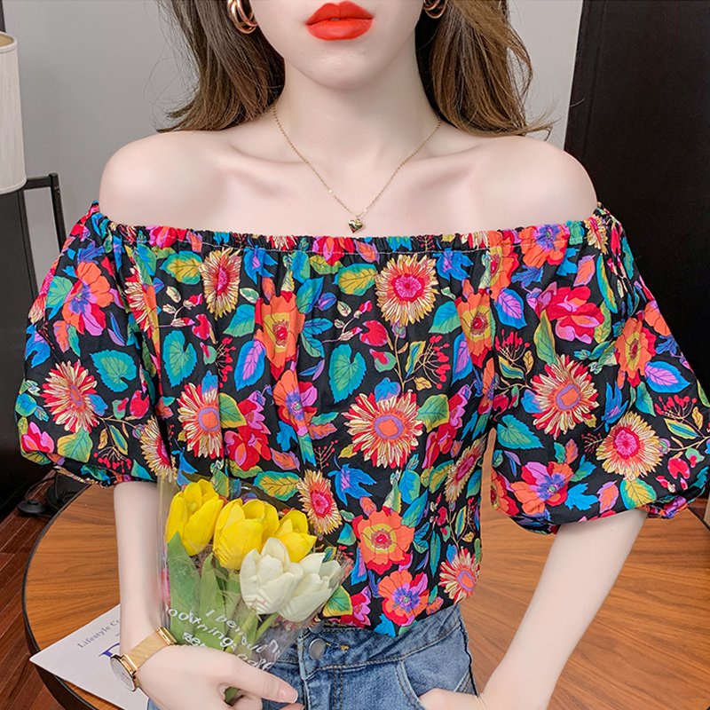 Áo Trễ Vai Tay Bồng Khanhnganshop áo hoạ tiết in hoa xinh xắn chất liệu mềm mịn