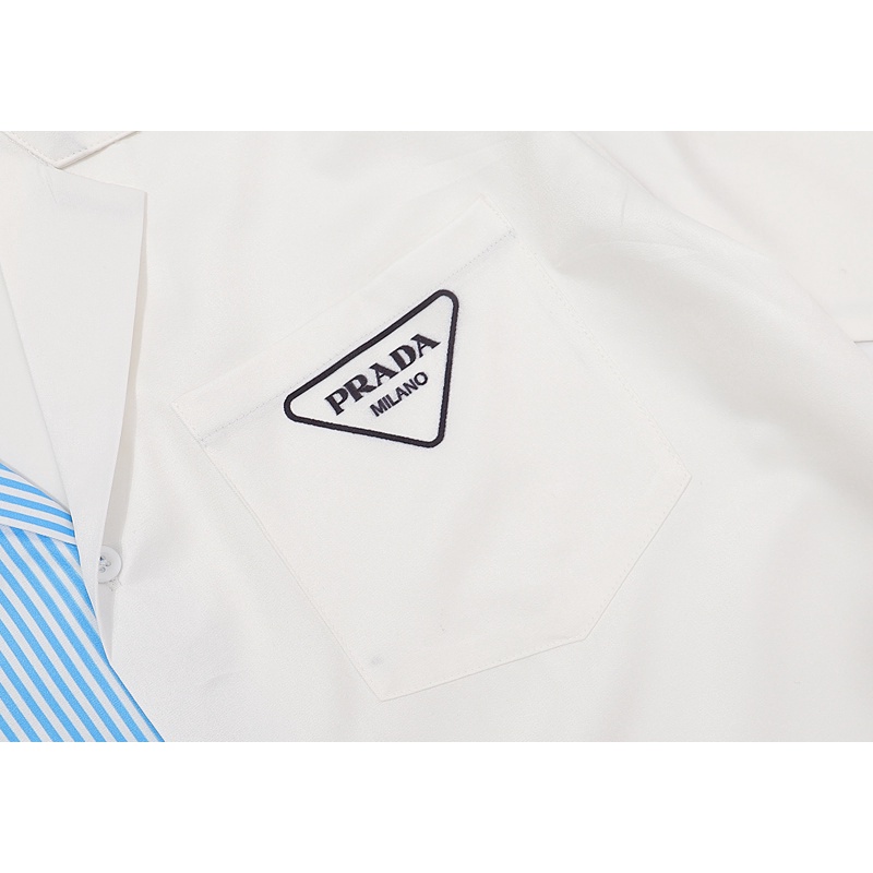 Áo Sơ Mi Tay Ngắn In Họa Tiết Sọc Xanh Dương In logo PRADA Thời Trang Xuân Hè Chất Lượng Cao Cho Nam