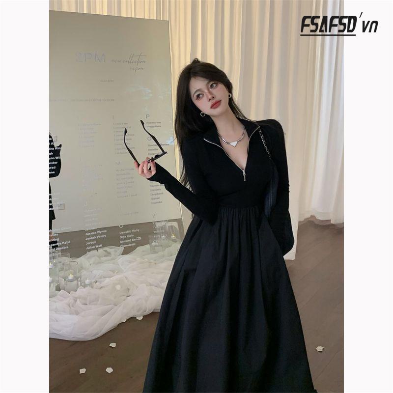 Đầm Nữ Tay Dài Ôm Eo Màu Đen Phong Cách Pháp Thời Trang Quyến Rũ