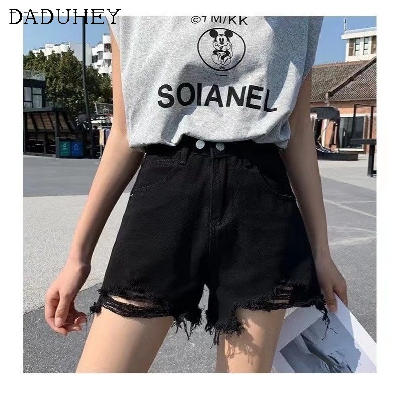 Quần ngắn daduhey vải denim eo cao dáng rộng viền rách thời trang mùa hè 2022 dành cho quý cô