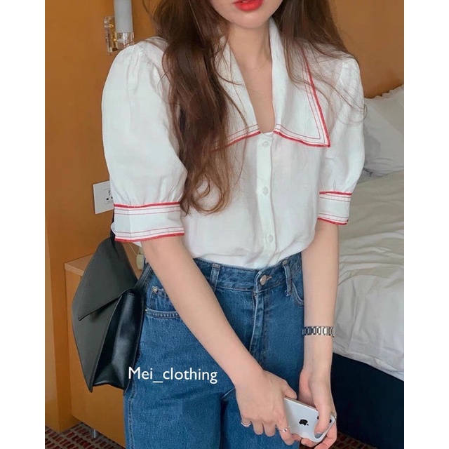 [Ảnh thật/video] Áo sơmi cộc tay thiết kế tay bồng viền màu lạ mắt