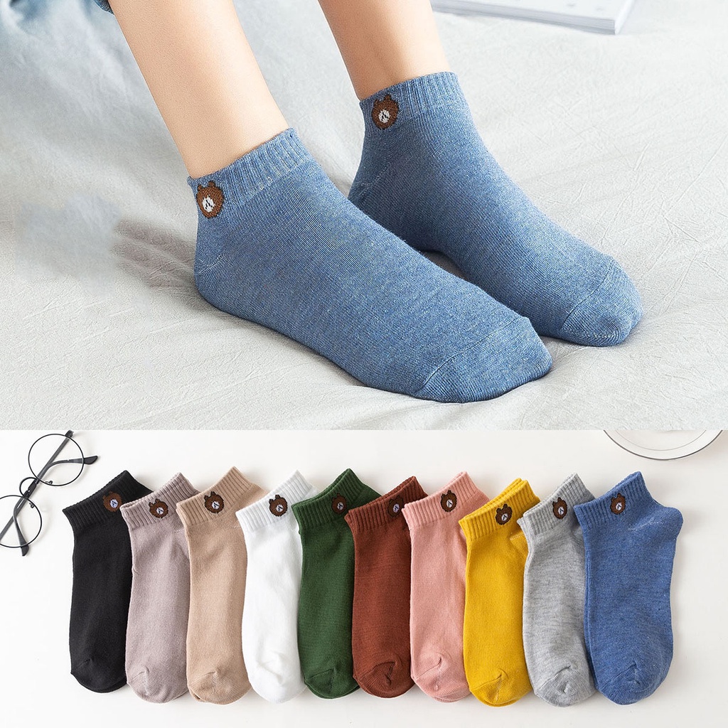 Tất Gấu set 10 Đôi - Vớ Tất nữ cổ ngắn cute đủ màu tặng kèm Túi Dây Rút Gấu Brown