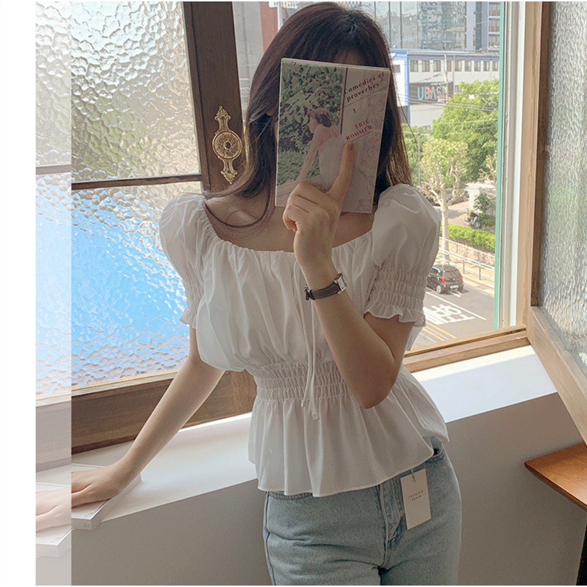 Áo Sơ Mi Tay Phồng Dáng Ngắn Chiết Eo Phong Cách Hàn Quốc Dễ Thương 44005