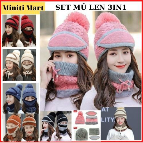 Set Mũ Len Nữ Kèm Khẩu Trang Khăn Quàng 3.1, Sét Nón Len, Combo Mũ Len+Khẩu Trang Khăn Quàng Phong Cách Hàn Quốc Unisex