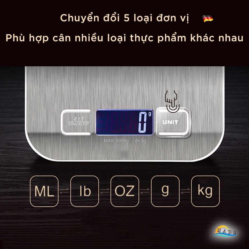 Cân tiểu ly điện tử nhà bếp inox 304 cao cấp kháng khuẩn 99% cân chuẩn từng gram liên tiếp nhiều loại nguyên liệu HADU