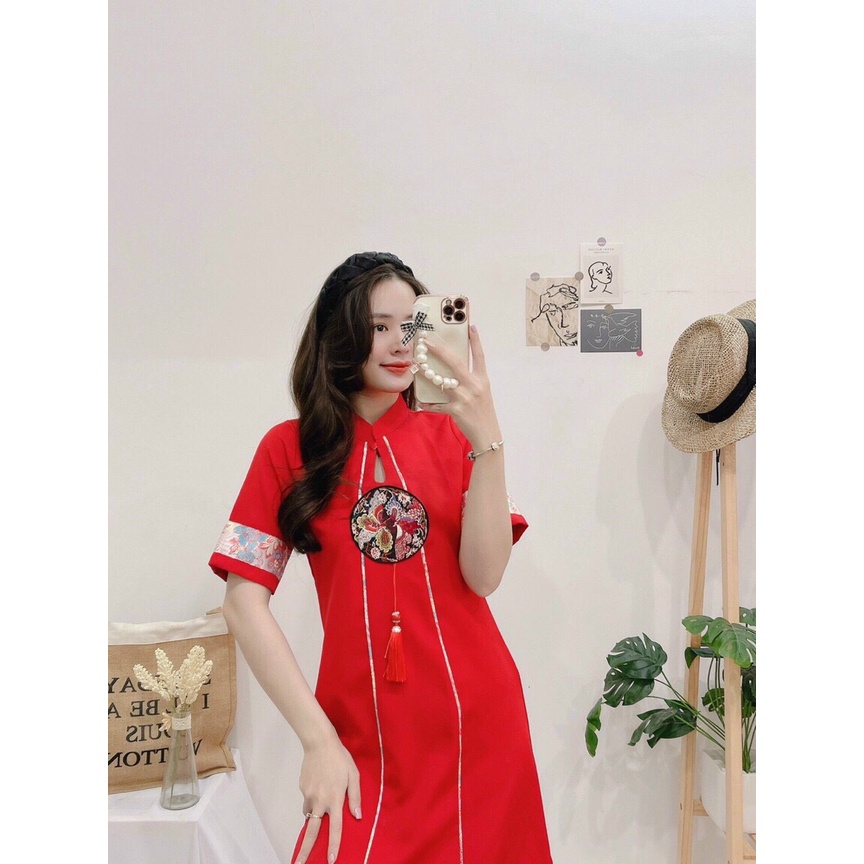 ĐẦM GẤM TẾT ĐỎ TRẮNG PHỐI SỌC-hình thật shop chụp