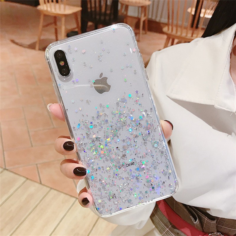 Case iPhone 11 12 Mini Pro XS Max X XR 6 6S 7 8 Plus 5 5S Se 2 Bling Glitter Stars Sequins Silicone Phone Case