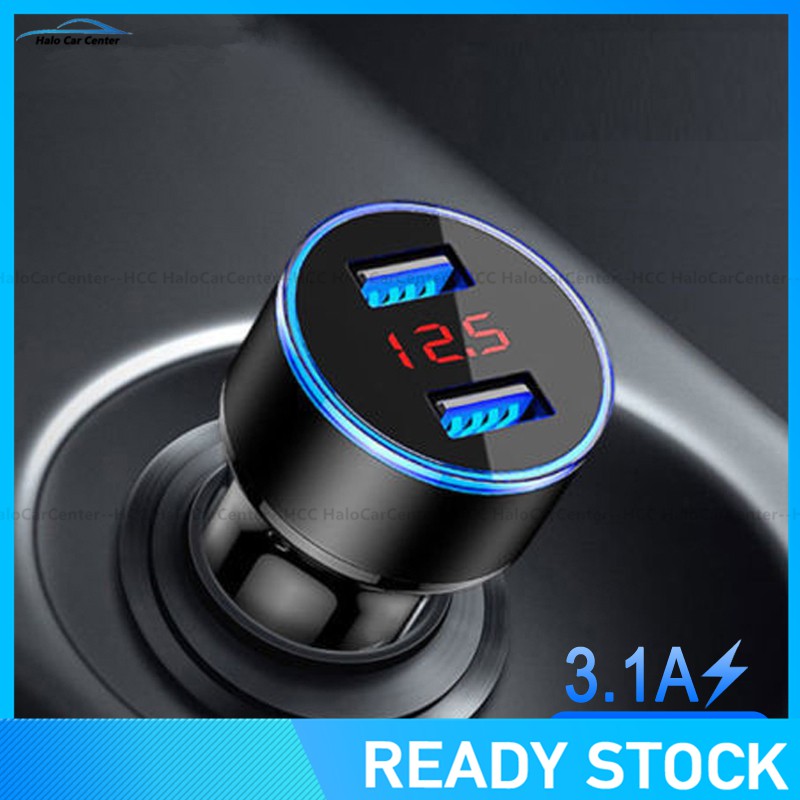 Tẩu Sạc Trên Ô Tô 2 Cổng USB 3.1A Màn Hình LCD 12-24V