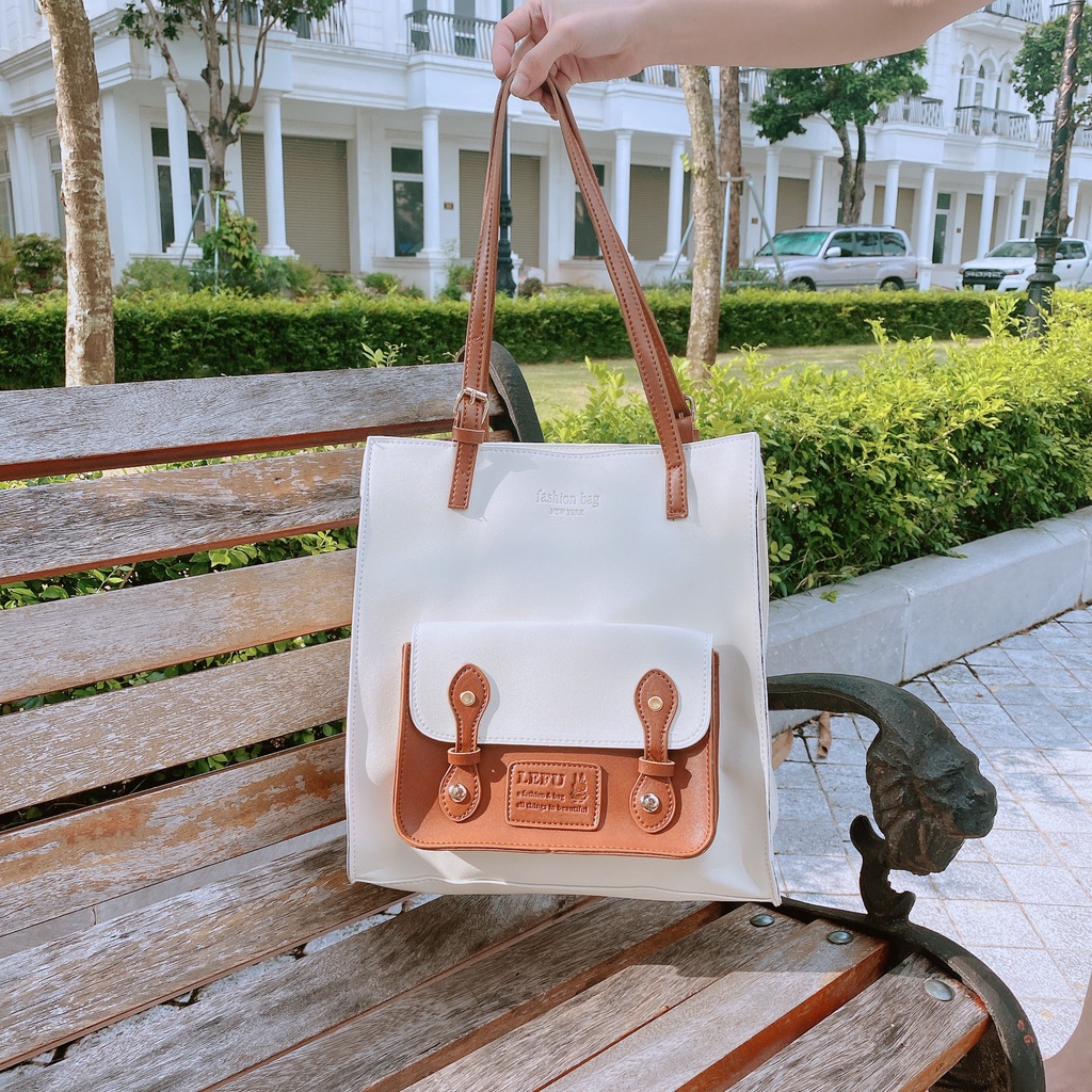 Túi tote da đeo vai có ngăn túi nhỏ trước style ullzang Hàn Quốc P107