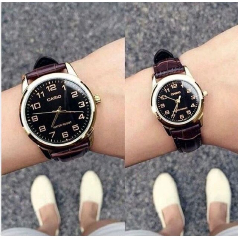 Đồng hồ đôi nam nữ dây da Casio Anh Khuê MTP/LTP V001GL-1B
