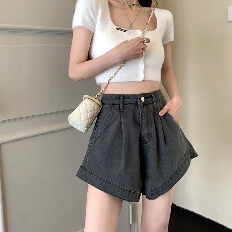 Quần Short Denim Ống Rộng Lưng Cao Màu Đen