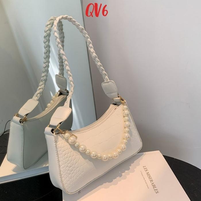 Túi đeo chéo kẹp nách, Túi xách nữ dây da xoắn phối chuỗi ngọc thời trang cao cấp - QV6 Shop