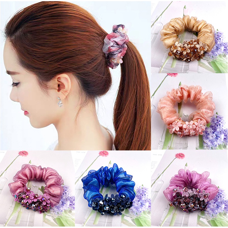 Dây Cột Tóc Bằng Da Đính Hoa Pha Lê Phong Cách Hàn Quốc Cho Nữ