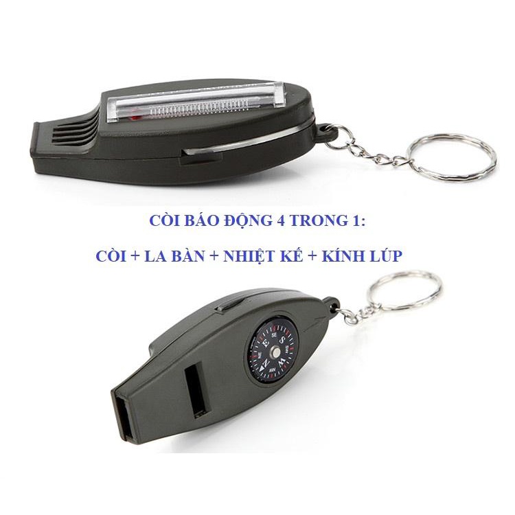 Còi thổi cứu hộ 4 trong 1 kèm La Bàn + Nhiệt Kế + Kính lúp sử dụng trong leo núi, dã ngoại, cắm trại, sinh tồn