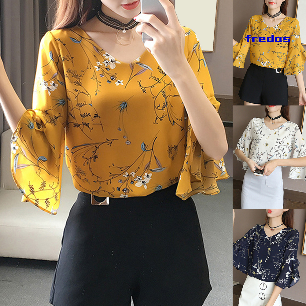 Áo Sơ Mi Chiffon Tay Lỡ Cổ Chữ V In Hoa Thời Trang Công Sở Thanh Lịch Cho Nữ