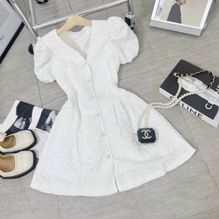 Đầm trắng gấm hoa cổ v cutout lưng❤ set sơ mi trắng tay dài + short lưng thun💫
