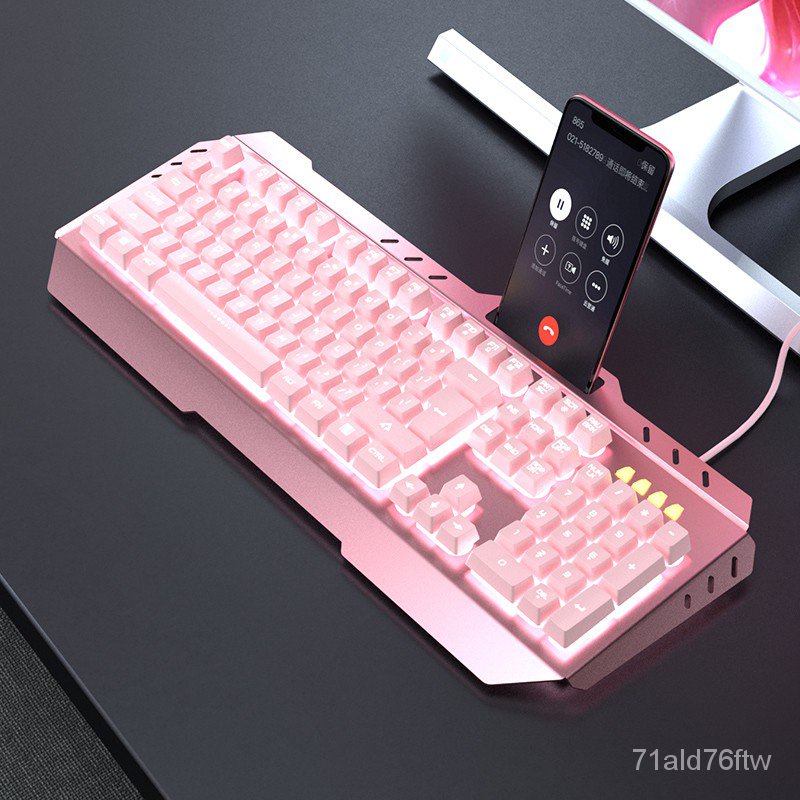 Set bàn phím cơ + chuột có đèn nền + tai nghe cổng USB màu hồng dễ thương cho chơi game