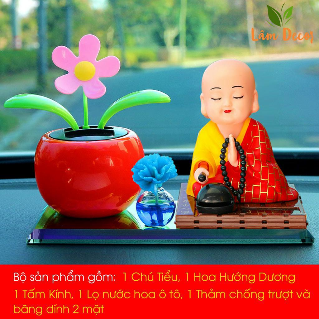 Tượng Chú Tiểu Gõ Mõ Gật Đầu Và Hoa Hướng Dương Lắc Lư Trang Trí Taplo Ô Tô, Bàn Làm Việc, Bàn Học