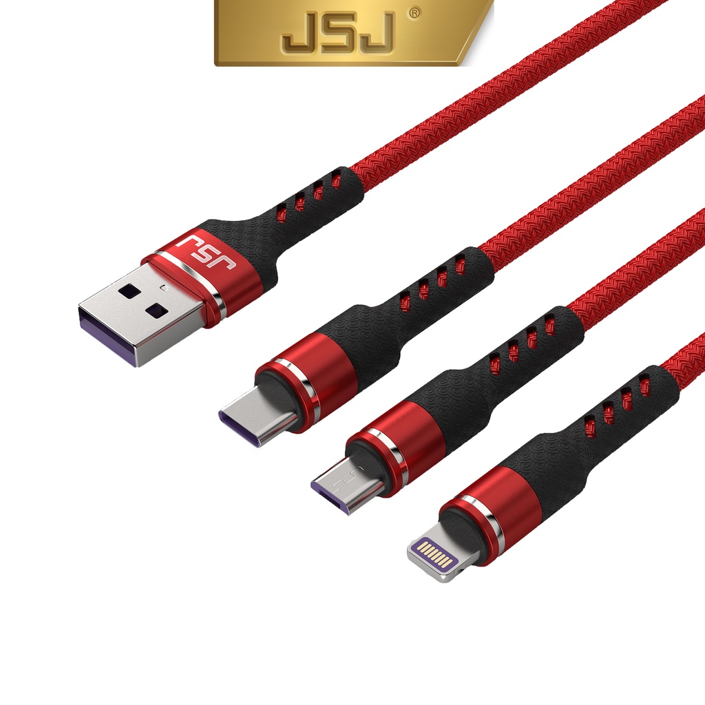 Cáp sạc nhanh 3 đầu Type-C, Micro USB, Lightning 3.0A JSJ USB 233 dài 1.2m sạc siêu nhanh an toàn ổn định