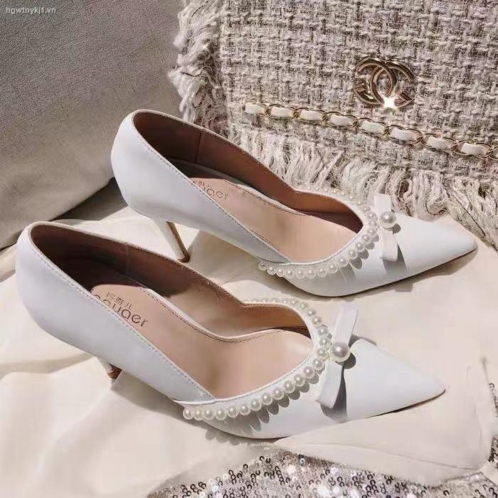✴❁2021 new pearl high heels women s French stiletto shallow pointed toe single shoes bow knot white wedding